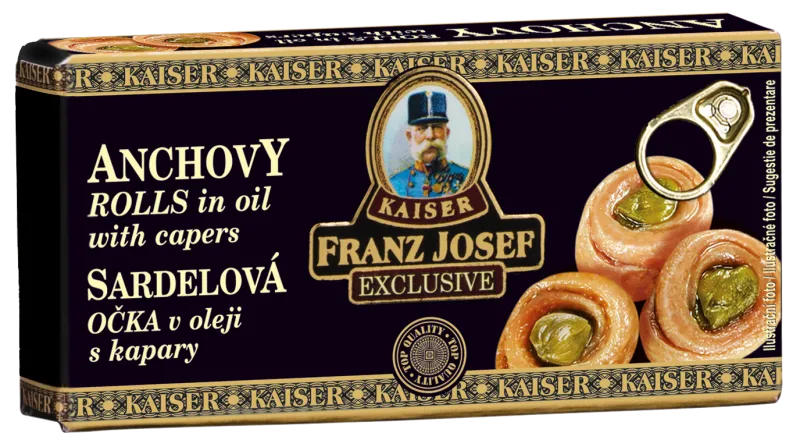 Anchovy fillet rolls in vegetable oil with capers 45g, FJK